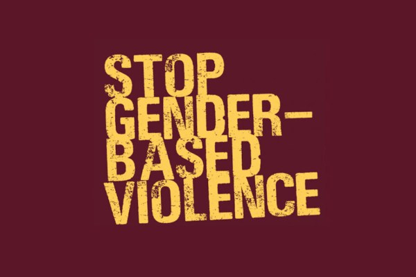 A bold graphic with a dark red background. The text "STOP GENDER-BASED VIOLENCE" is centered on the image in a large, distressed yellow font.