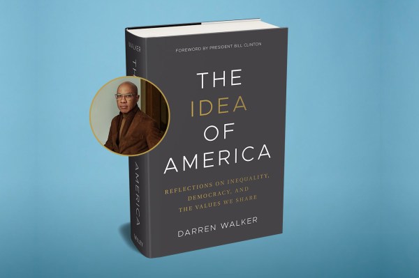 A book cover for "The Idea of America" by Darren Walker. A headshot of Darren Walker is in a golden circle beside the book.