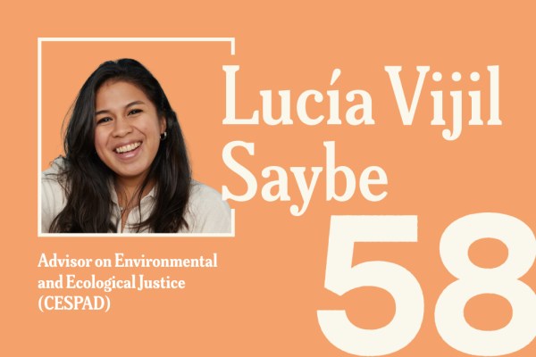 A peach-orange promotional graphic featuring a headshot of Lucía Vijil Saybe, Advisor on Environmental and Ecological Justice (CESPAD), with the number "58" displayed in large white text in the bottom right corner.