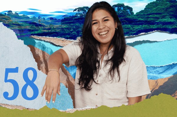 A woman with long dark hair and a beige top is shown against a colorful, abstract background with torn paper textures. The number 58 appears in bold blue text in the bottom left corner.