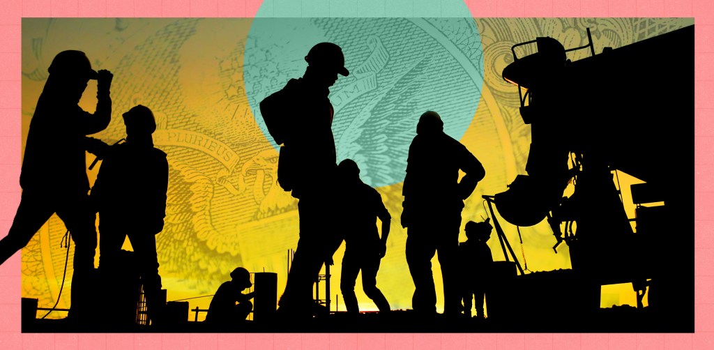 Silhouettes of construction workers against a yellow background with a pink border.