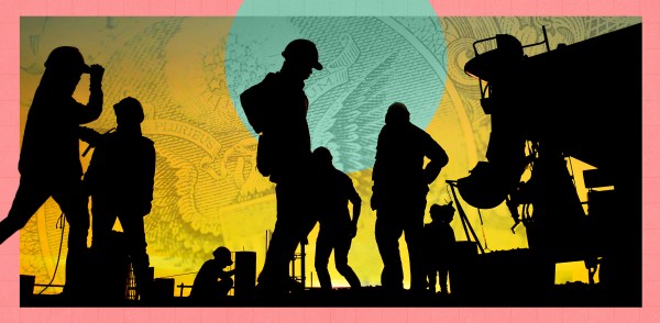 Silhouettes of construction workers against a yellow background with a pink border.