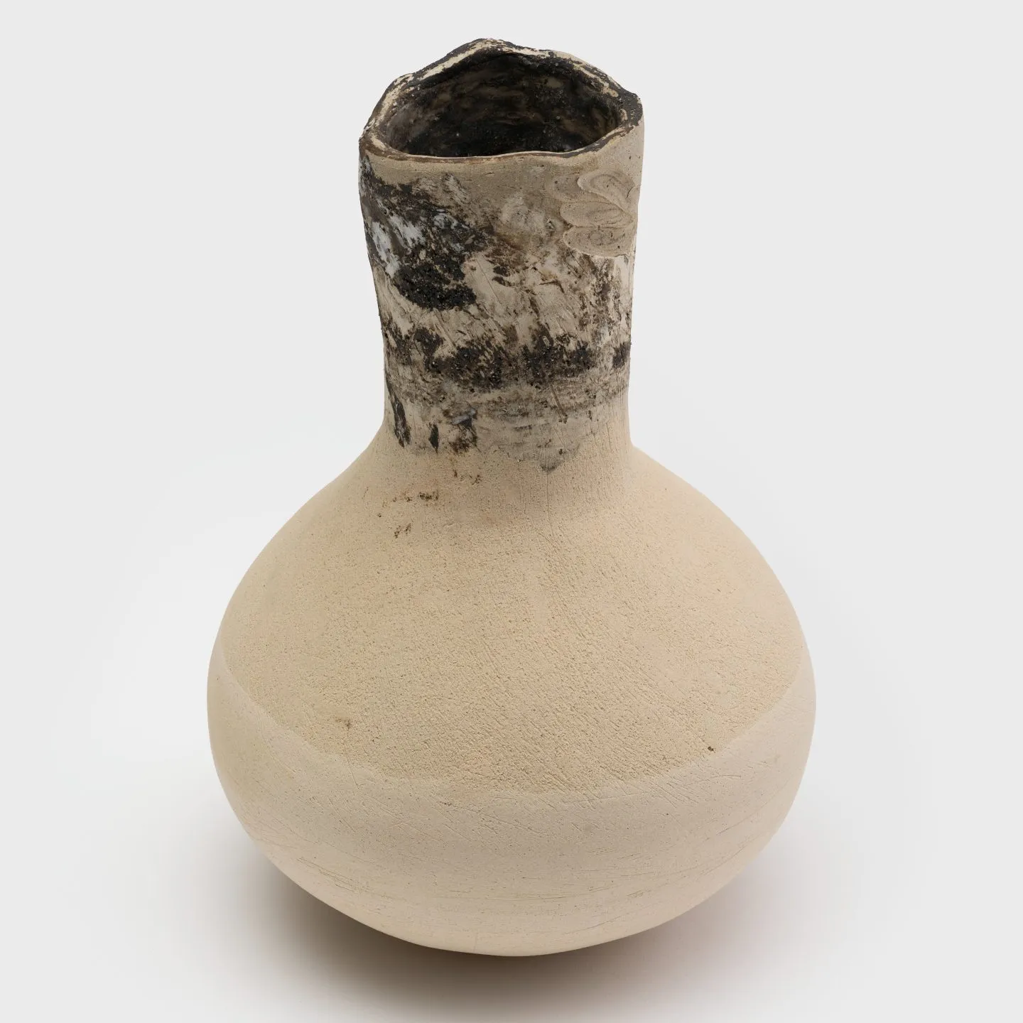A ceramic vase with a smooth, matte body in the shape of a rounded triangle feeding into a long, thin neck with painterly, marble-like detailing and a jagged lip.