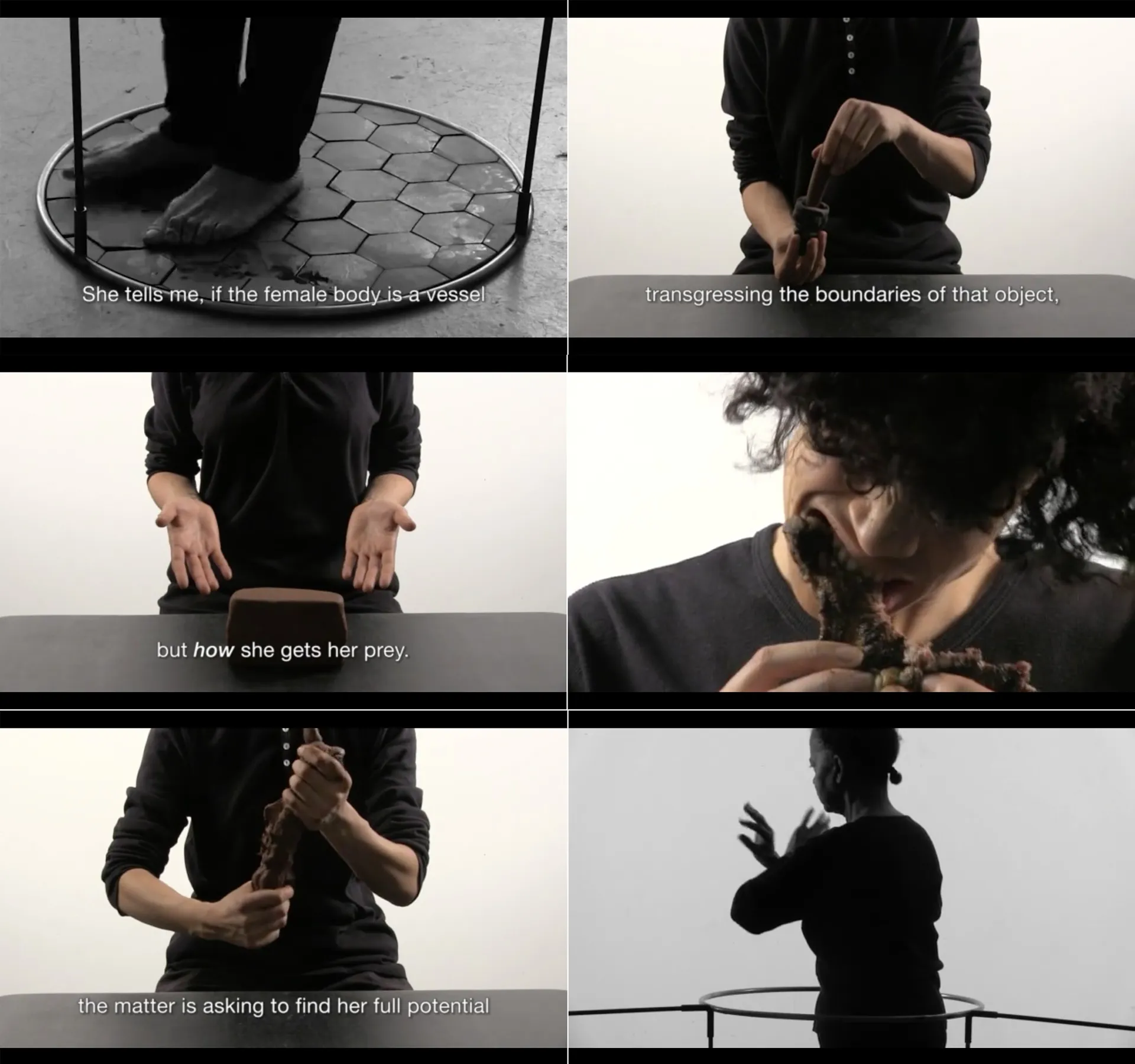 A screenshot of a 96-second video of light-skinned Black women manipulating clay and performing expressive gestures in front of a white backdrop.