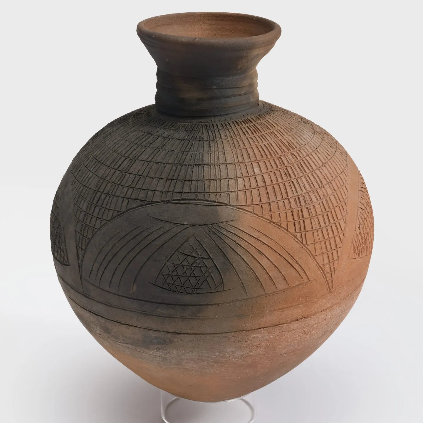 A pit-fired ceramic pot with a sphere-shaped body, short flared neck, and incised geometric designs.