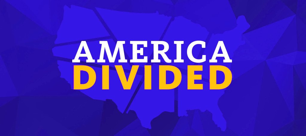 Evocative image of fractured United States against a blue background