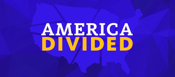 Evocative image of fractured United States against a blue background