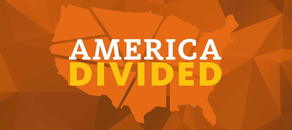 Evocative image of fractured United States against a orange background