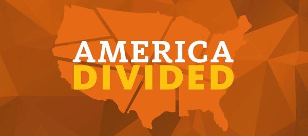 Evocative image of fractured United States against a orange background