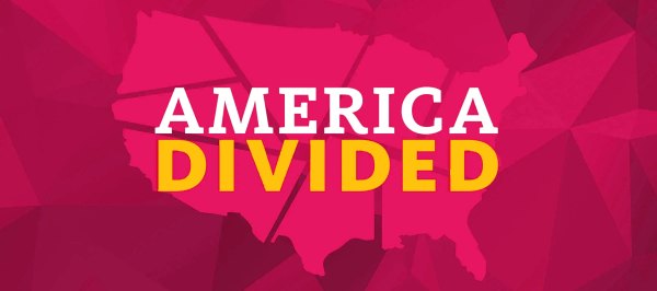 Evocative image of fractured United States against a pink background