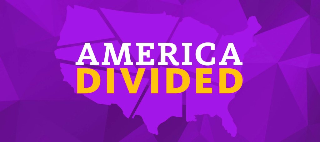 Evocative image of fractured United States against a purple background