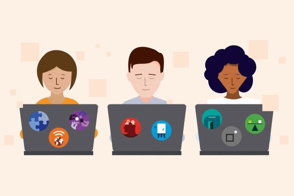 Individuals working on laptops against an orange background