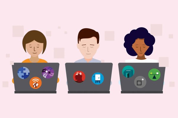 Individuals working on laptops against a pink background