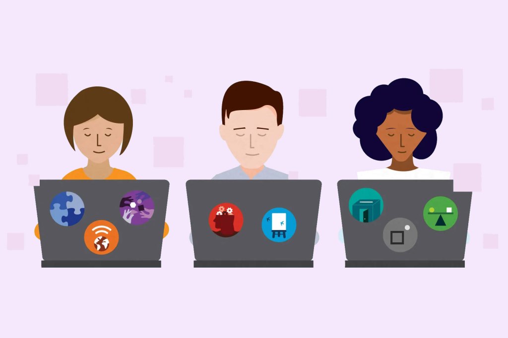 Individuals working on laptops against a purple background