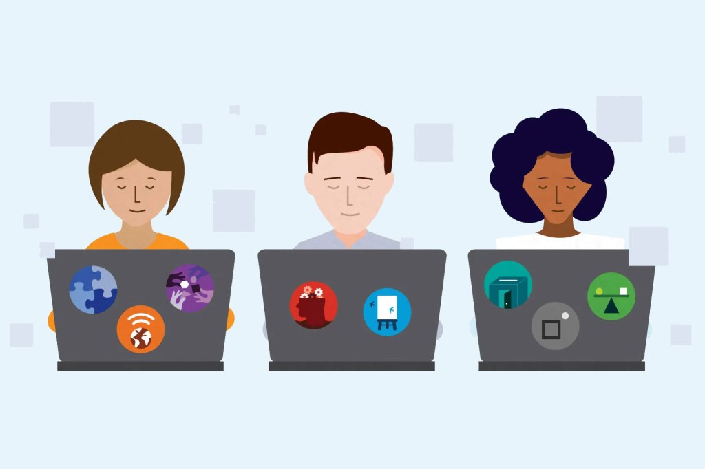 Individuals working on laptops against a blue background