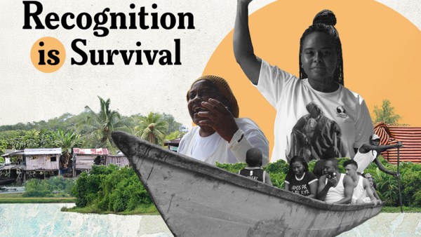 Collage with "Recognition is Survival" text , showing Black and Indigenous people on a boat in a coastal village , advocating for rights.