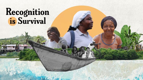 Collage with "Recognition is Survival" text , showing Black and Indigenous people on a boat in a coastal village , advocating for rights.