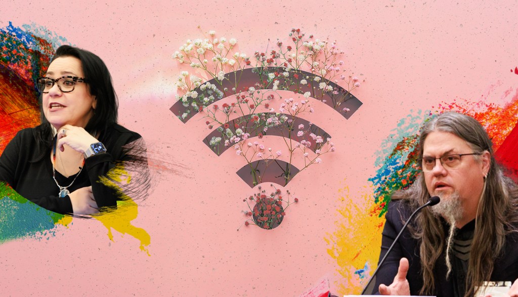 An image of Traci Morris and Matthew Rantanen, separated by a Wi-Fi symbol filled with flowers, against a vibrant, pink and red background.