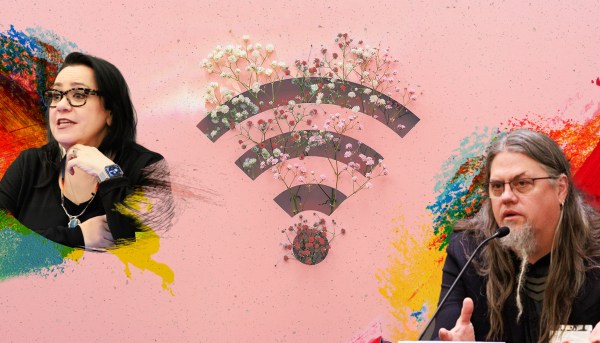 An image of Traci Morris and Matthew Rantanen, separated by a Wi-Fi symbol filled with flowers, against a vibrant, pink and red background.
