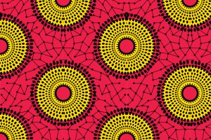 A vibrant, seamless pattern inspired by West African Wax Print (Ankara) fabric. The design features yellow concentric circles connected by black geometric lines on a pink-red background. Keywords: African textiles, design, global partnership.