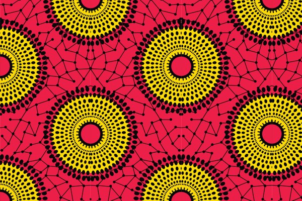 A vibrant, seamless pattern inspired by West African Wax Print (Ankara) fabric. The design features yellow concentric circles connected by black geometric lines on a pink-red background. Keywords: African textiles, design, global partnership.