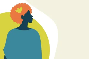 Stylized illustration of a Black woman's silhouette with orange afro hair and a teal shirt. A small yellow graphic of a flower is embedded in her hair. Focus: Social Justice, Equity, Evaluation Report.
