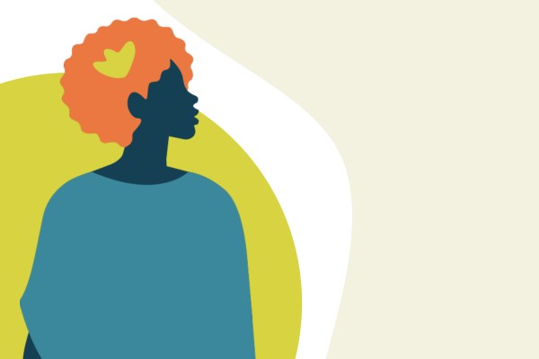 Stylized illustration of a Black woman's silhouette with orange afro hair and a teal shirt. A small yellow graphic of a flower is embedded in her hair. Focus: Social Justice, Equity, Evaluation Report.