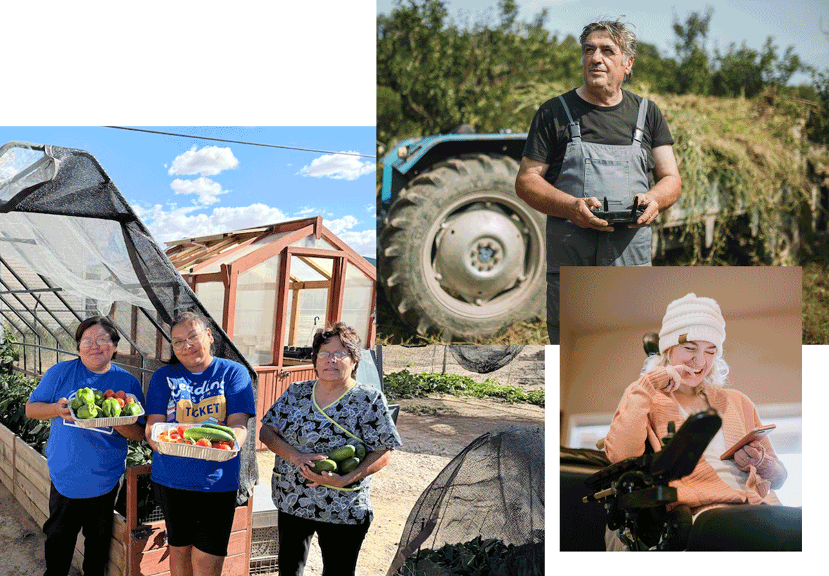 A 3 picture collage of a farmer controlling a drone, a woman in a wheelchair laughing while looking at her phone, and three women in front of greenhouses holding a variety of produce.