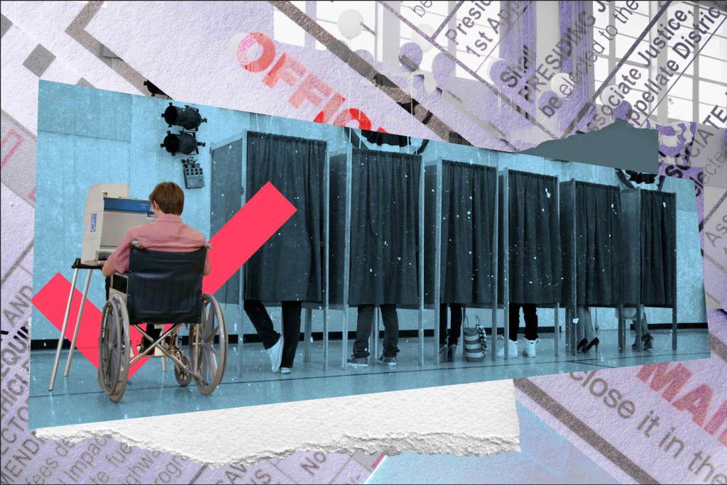 A creative collage highlighting accessible voting. It features a person in a wheelchair using a specialized voting machine alongside a row of standard voting booths. A large red checkmark and stylized ballot overlays emphasize disability rights and inclusive democratic participation. --- **Next Step:** Would you like me to write an **SEO-optimized meta description** for an article about the intersection of disability rights and voting access?