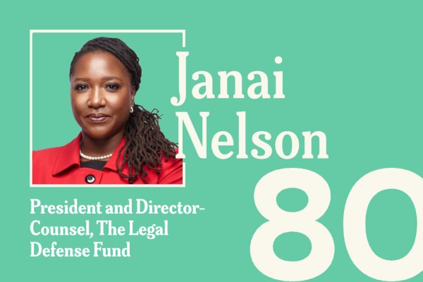A teal graphic featuring a headshot of Janai Nelson, President and Director-Counsel of The Legal Defense Fund, with the number "80" displayed in large white text in the bottom right corner.