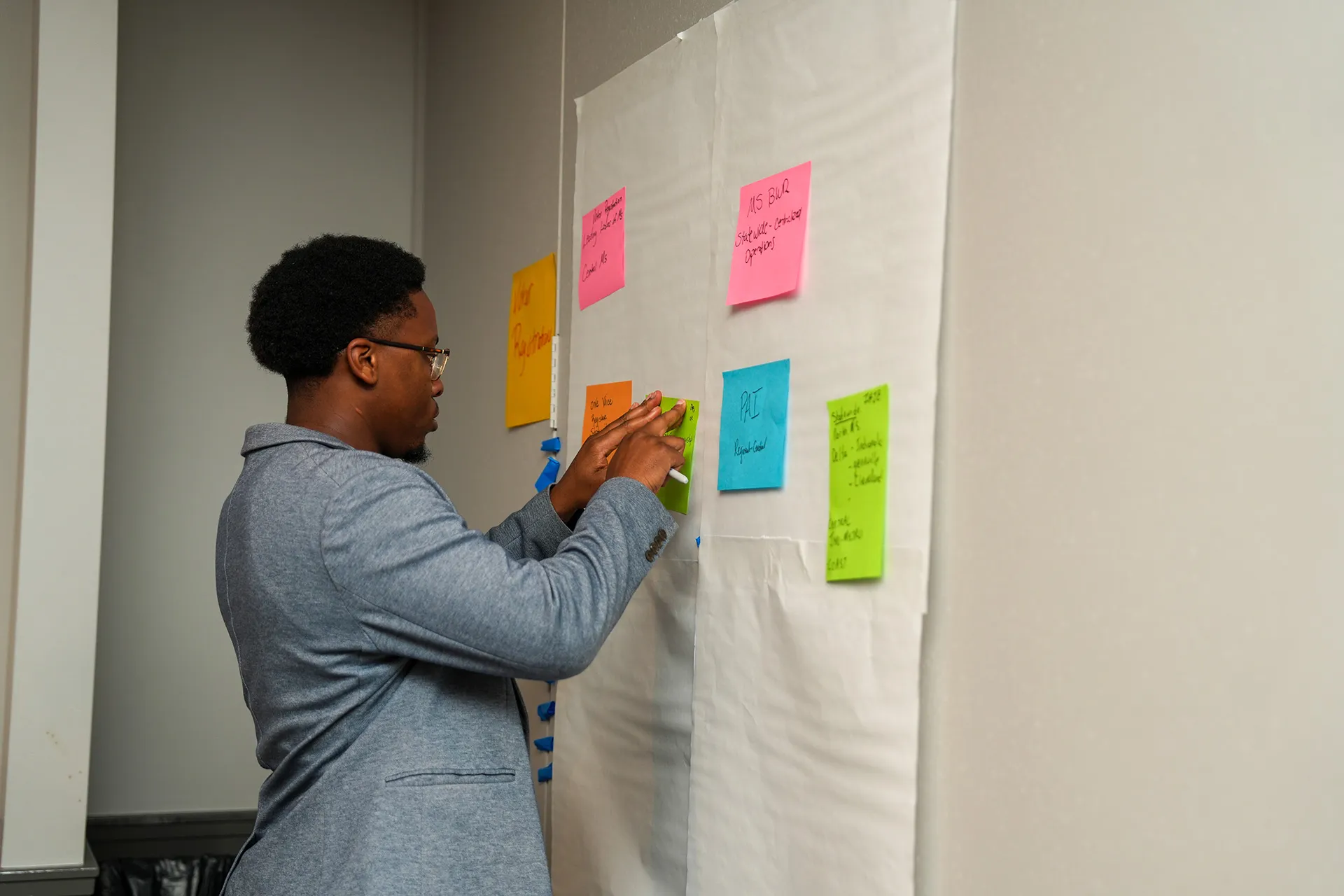 Alt Text: A man in a blue blazer stands in profile, carefully placing a green sticky note onto a large white board already covered in colorful notes. This image represents strategic planning, collaborative brainstorming, project management, and community organizing in a professional office or workshop setting.