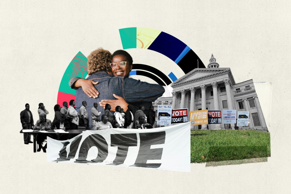 A collage celebrating voting rights and civic engagement in Mississippi. It features two people hugging, a "VOTE" banner, citizens at a polling station, and "VOTE TODAY" signs in front of a historic government building, symbolizing grassroots activism and democratic participation.
