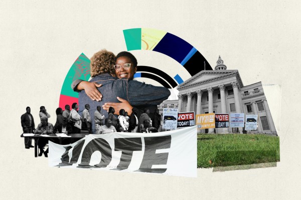 A collage celebrating voting rights and civic engagement in Mississippi. It features two people hugging, a "VOTE" banner, citizens at a polling station, and "VOTE TODAY" signs in front of a historic government building, symbolizing grassroots activism and democratic participation.