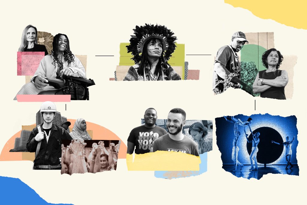 A creative collage for a brand refresh featuring a diverse array of global figures, including an Indigenous leader, a woman in a wheelchair, and community activists. This visual represents inclusion, global social impact, and diverse human experiences in a modern, artistic banner.