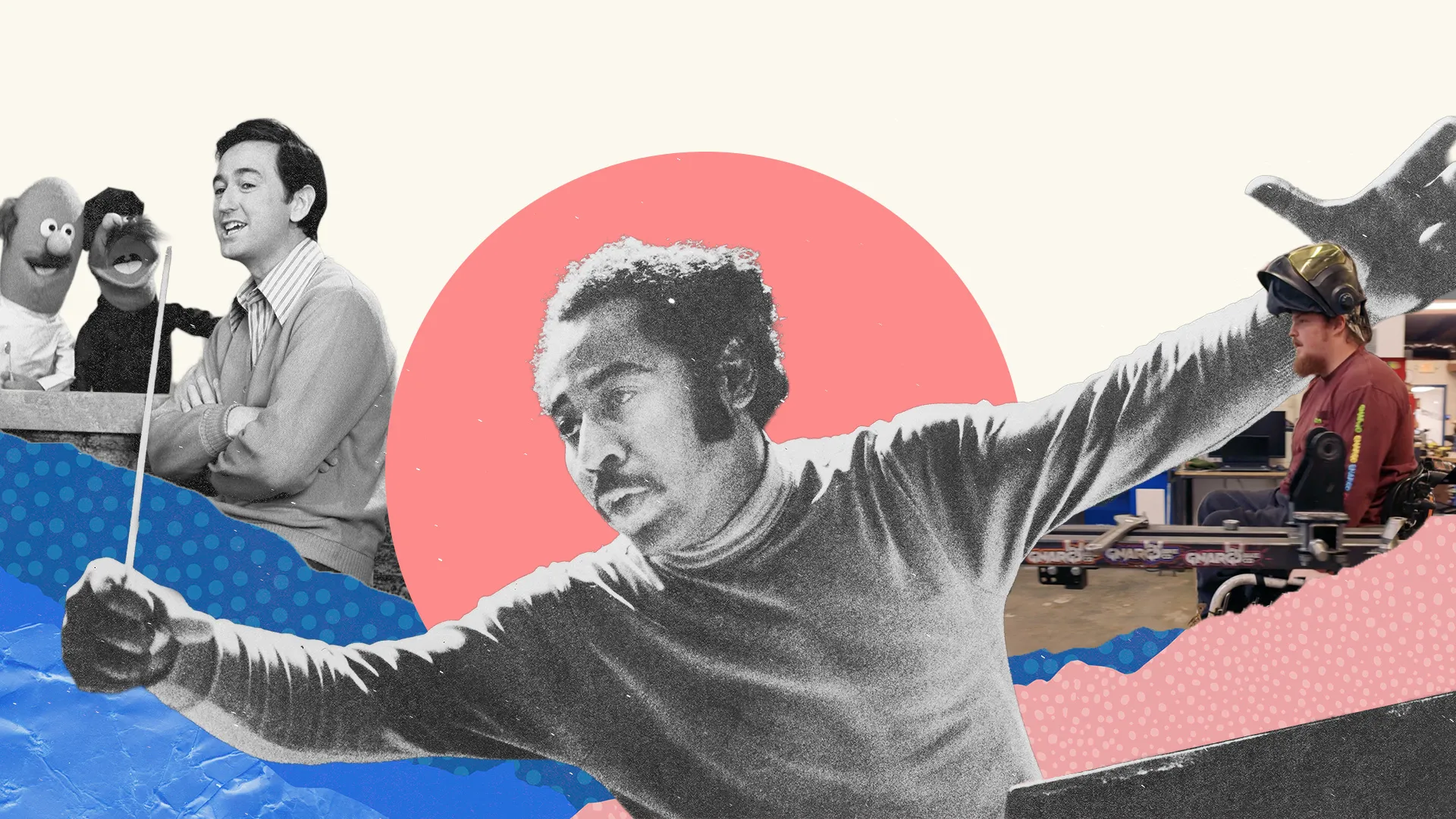 Collage image of conductor of Detroit Symphony Orchestra alongside a man in a wheelchair working in welding shop alongside an image of a man on the set of Sesame Street.