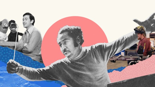 Collage image of conductor of Detroit Symphony Orchestra alongside a man in a wheelchair working in welding shop alongside an image of a man on the set of Sesame Street.