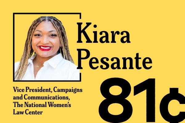 A yellow graphic featuring a headshot of Kiara Pesante, Vice President of Campaigns and Communications at The National Women's Law Center, accompanied by "81¢" displayed in large white text in the bottom right corner.