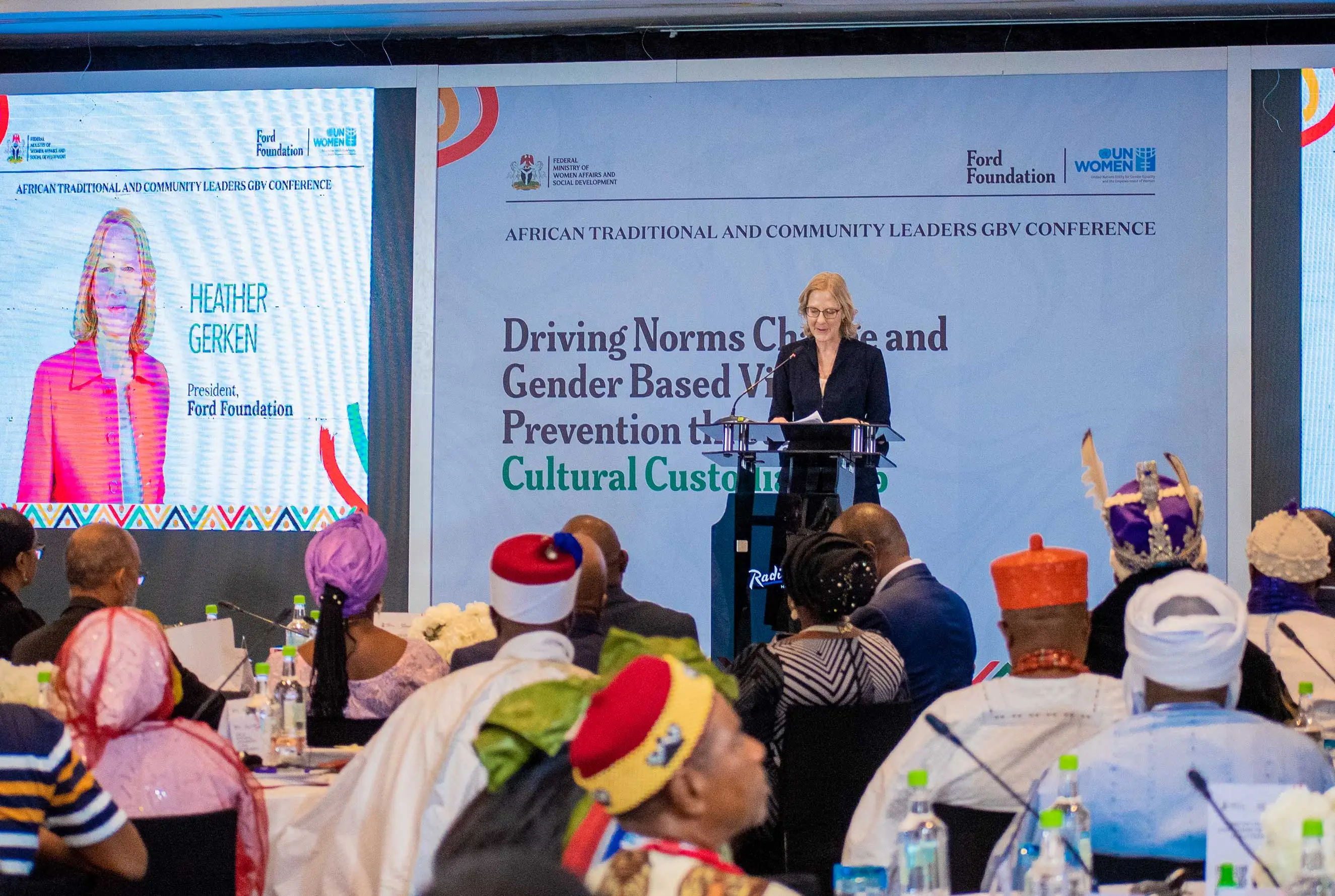 Heather Gerken, President of the Ford Foundation, delivers a keynote speech at the African Traditional and Community Leaders GBV Conference. She addresses an audience of leaders to discuss driving norms change and gender-based violence prevention through cultural customs.