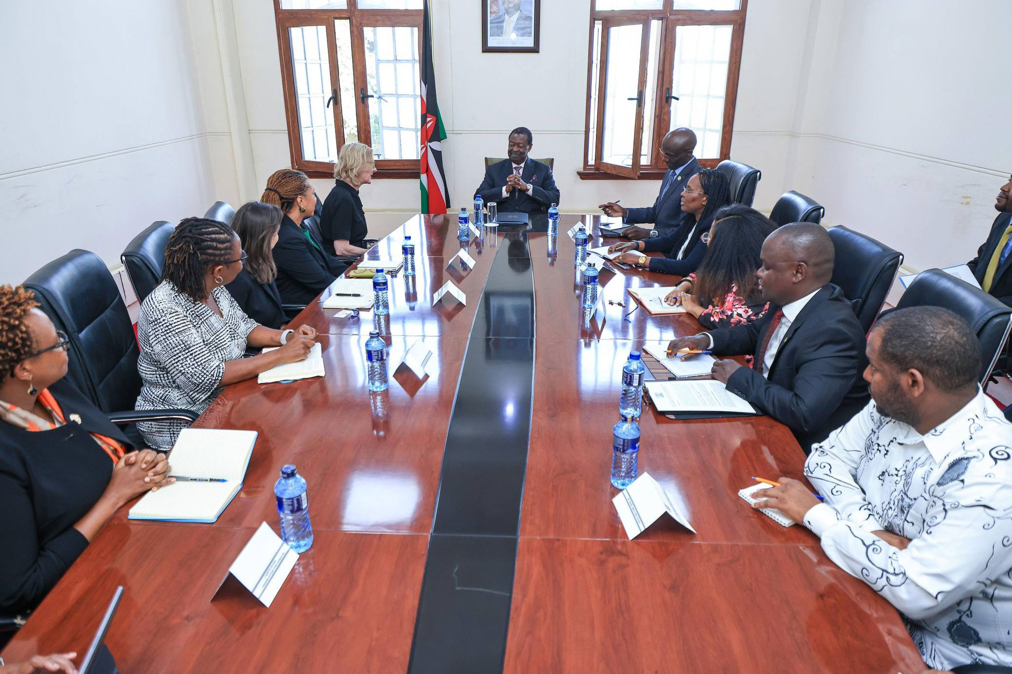 A high-level diplomatic meeting in a formal boardroom. A group of diverse professionals in business attire are seated around a long mahogany table, engaged in a discussion with a government official.