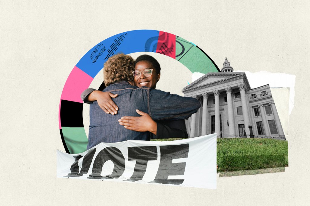A collage featuring two people embracing, a classical government building, and a banner with the word "VOTE". This graphic represents civic engagement, voter participation, and democratic trust, illustrating the power of community action in shaping local and national governance.