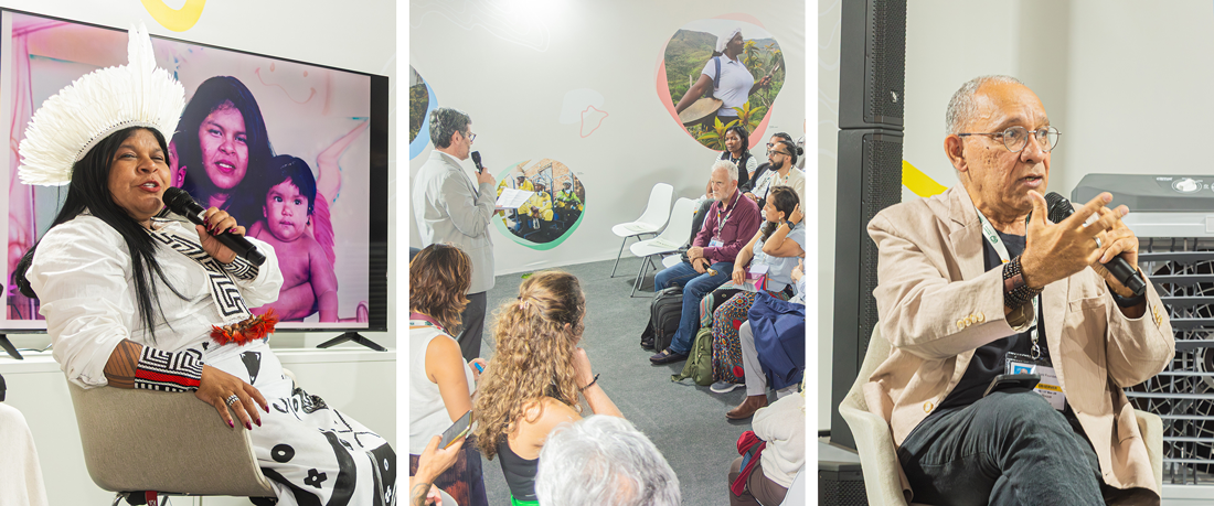 A triptych of action-oriented photos from a public event. An Indigenous woman speaks into a microphone, a man addresses a seated audience in a gallery space, and a speaker in a tan blazer gestures mid-conversation. These journalistic images humanize our work and enhance our global story.