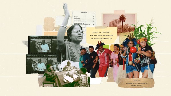 A composite collage featuring a woman in glasses with a raised arm, a group of people dancing in red and blue clothing, a film strip showing two women talking, and a green corn plant against a cream background with vintage paper textures.