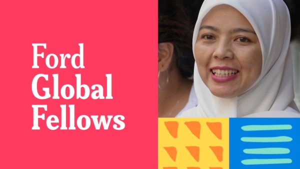 A graphic for Ford Global Fellows featuring a smiling woman in a white hijab against a bright pink background. The layout includes vibrant yellow and blue patterns, representing a global community of leaders working toward social justice and systemic change worldwide.