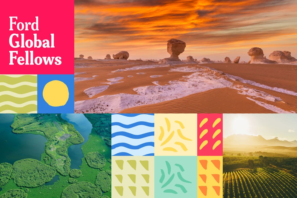 A Ford Global Fellows collage featuring global landscapes, including a desert at sunset, a lush river delta, and sunlit farmland. The visuals are paired with vibrant, abstract patterns, representing the global network's commitment to environmental justice, community leadership, and social equity worldwide.