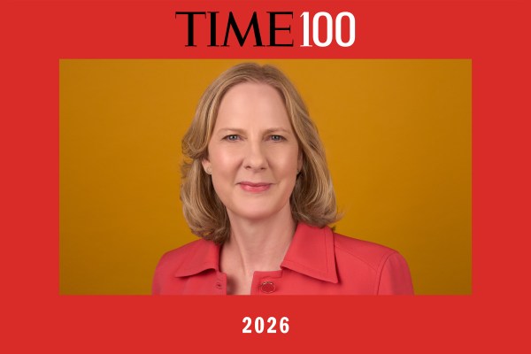 Portrait of Heather Gerken for the 2026 TIME100 list. She is shown against a yellow background within a red border featuring the "TIME 100" logo, recognizing her influential leadership and contributions as a legal scholar and Dean of Yale Law School.