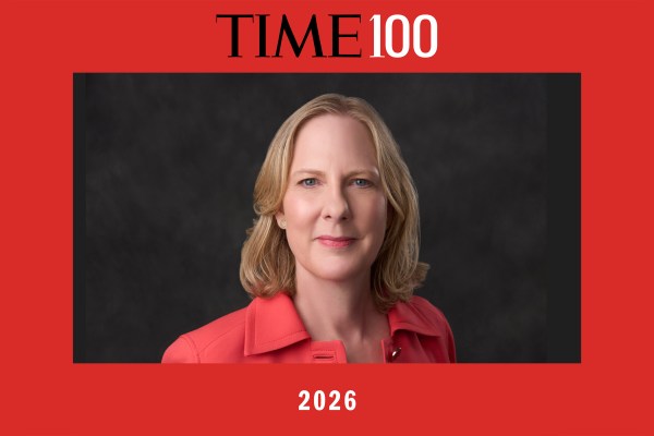 Portrait of Heather Gerken for the 2026 TIME100 list. She is shown against a black background within a red border featuring the "TIME 100" logo, recognizing her influential leadership and contributions as a legal scholar and Dean of Yale Law School.