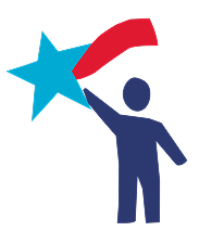 A dark blue silhouette of a person reaches up to grasp a large light blue star with a red trailing sash, forming a dynamic logo. This image represents empowerment, leadership, achievement, and the Ford Global Fellows network’s commitment to community impact.