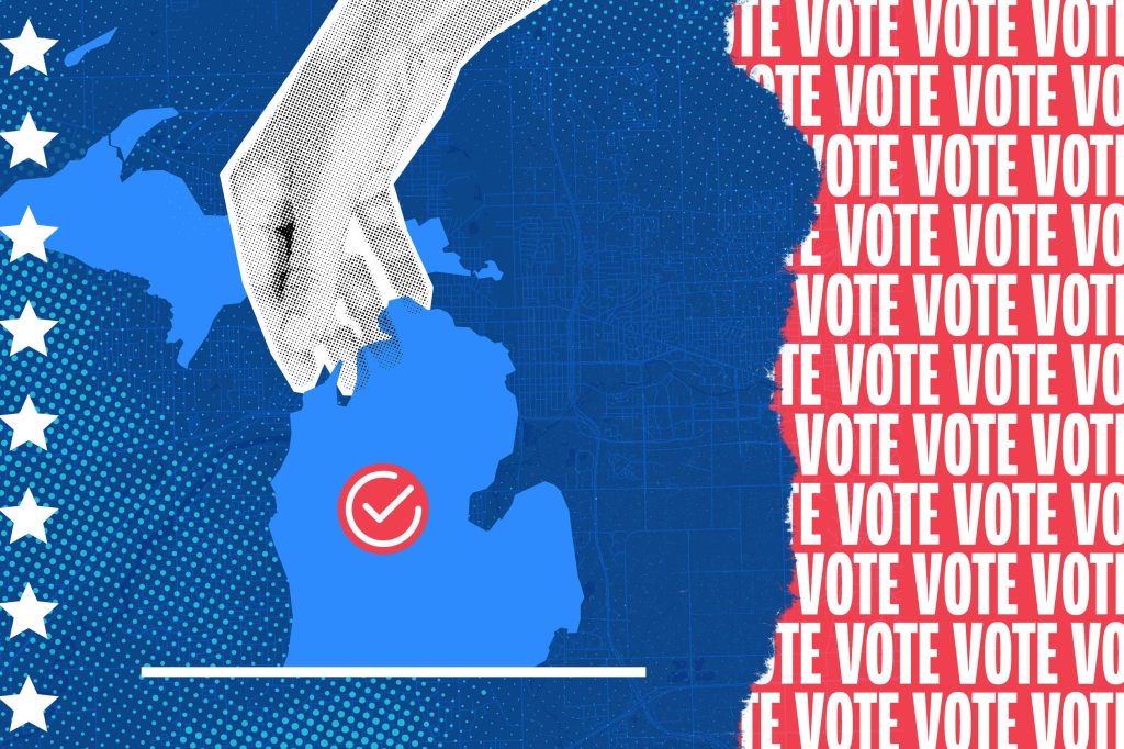 A graphic for the Promote the Vote Fund featuring a map of Michigan with a red checkmark. A hand places a ballot into the map against a background of white stars and "VOTE" text, symbolizing voting rights, election protection, and civic participation in Michigan.