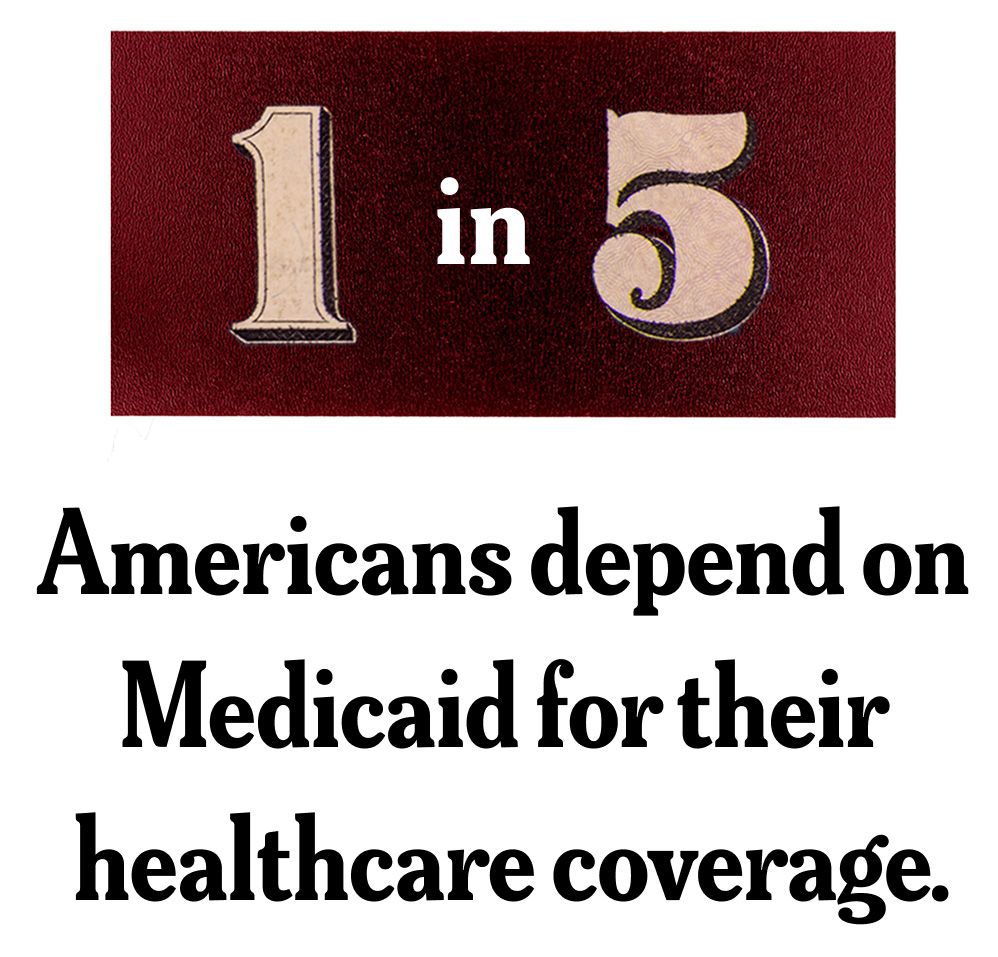 An informational graphic stating that 1 in 5 Americans, depend on Medicaid for their healthcare coverage. The design features a bold "1 in 5" header over a blue torn-paper background, highlighting critical statistics regarding disability rights and healthcare access.