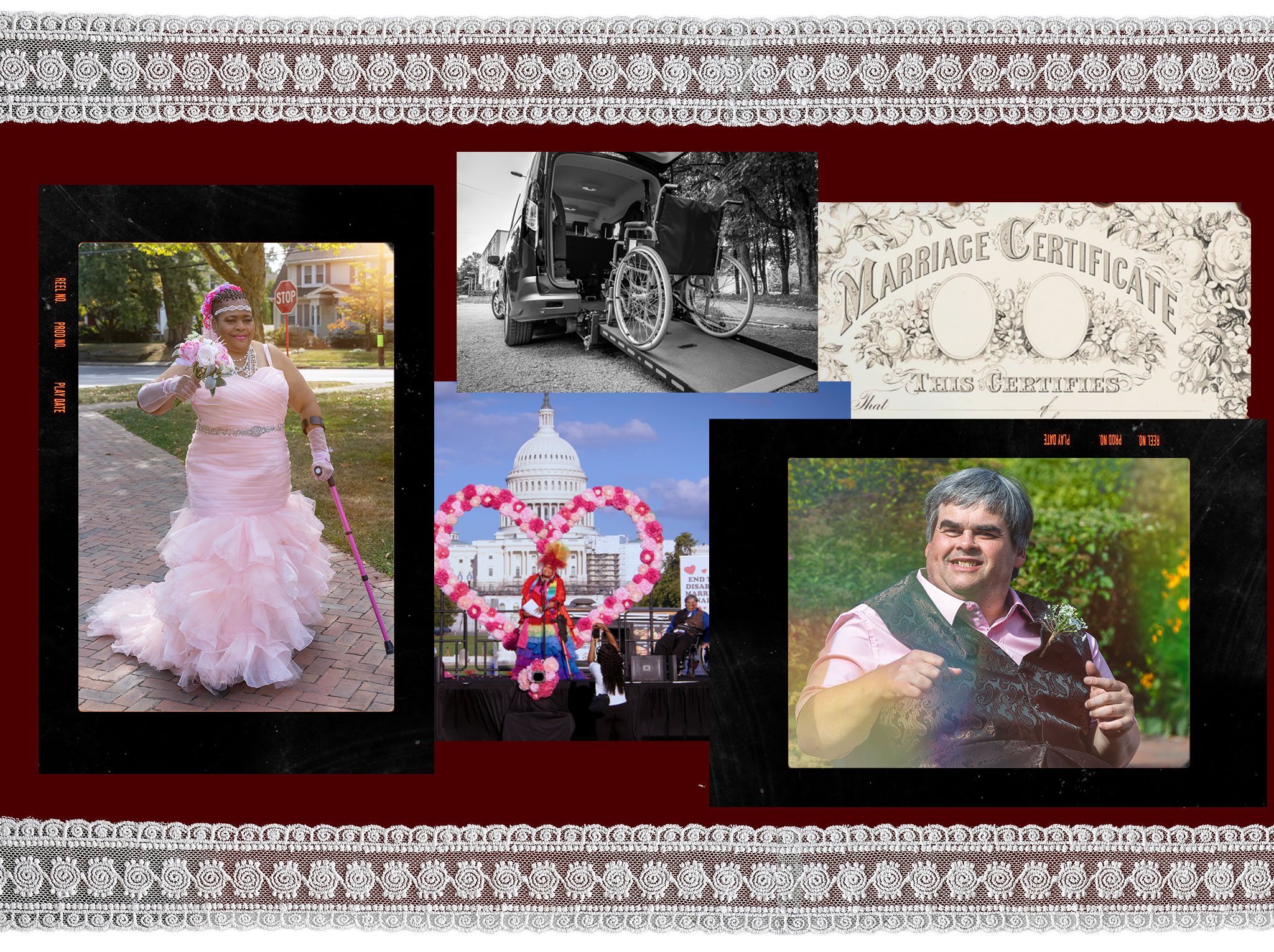 A wedding collage for Patrice & Gary on a red lace background, advocating for disability marriage equality. Images include a bride with a pink cane, a groom in a wheelchair, an accessible van with a ramp, and an antique marriage certificate, illustrating a love story overcoming marriage penalties.